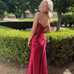 Charming Strapless Burgundy Lace Appliques Long Prom Dress Slit Mermaid Evening Gown Y7883