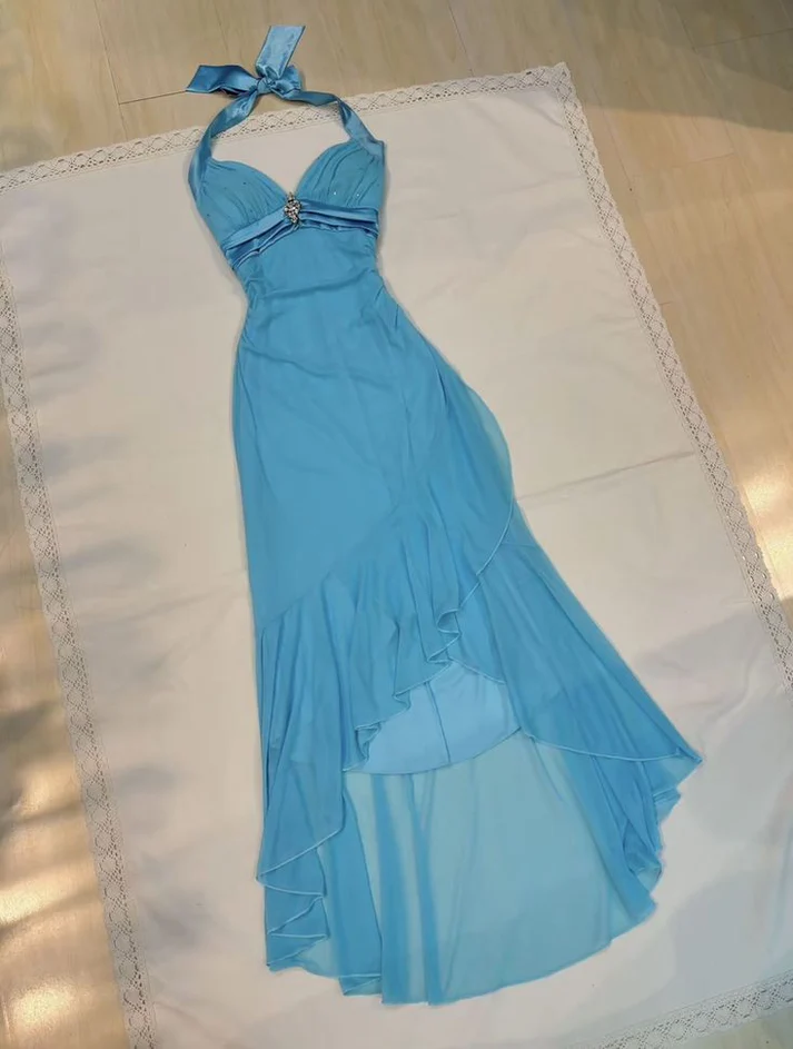 Charming Blue Halter Chiffon Sequins Prom Dress，Ruffles Mermaid Party Evening Dress Y8067