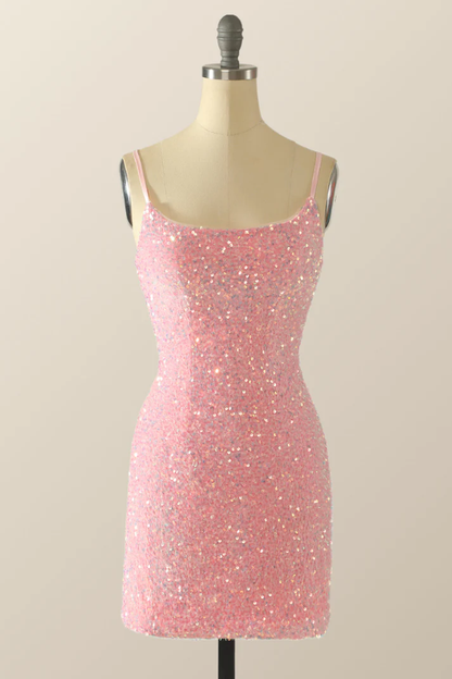 Cute Pink Sequins Homecoming Dress,Pink Backless Party Dress  Y2041