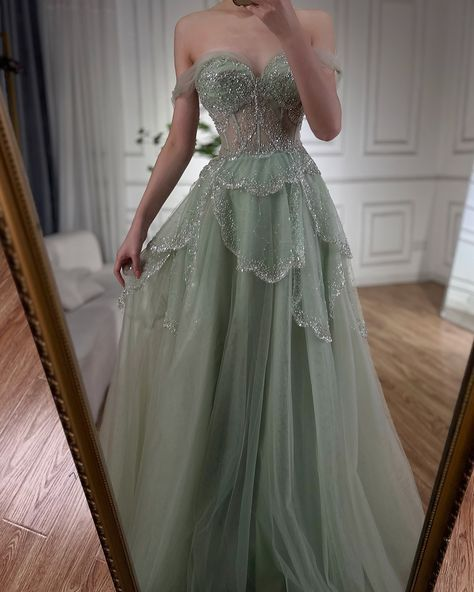 Sage Green A-Line Off The Shoulder Tulle Beaded Evening Dress,Formal Prom Dress Y8157