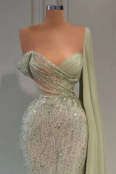 Sparkly Strapless One Shoulder Sequins Mermaid Prom Dress Formal Evening Dress Y7695