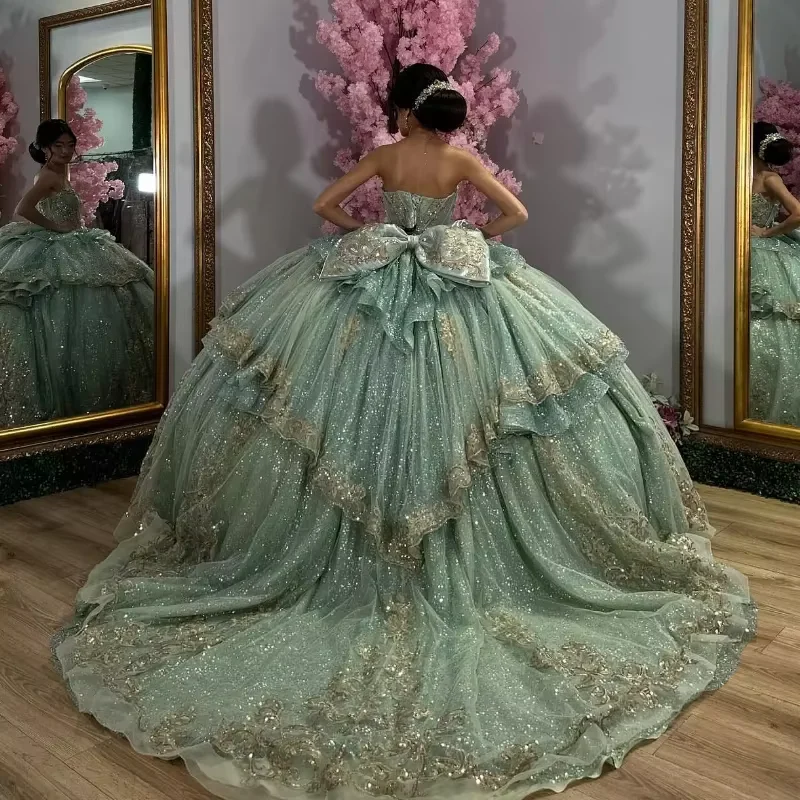 Green Quinceanera Dresses Crystals Beading Gold Applique Lace Bow Ball Gown Sweet 16 Birthday Prom Dress Y8115