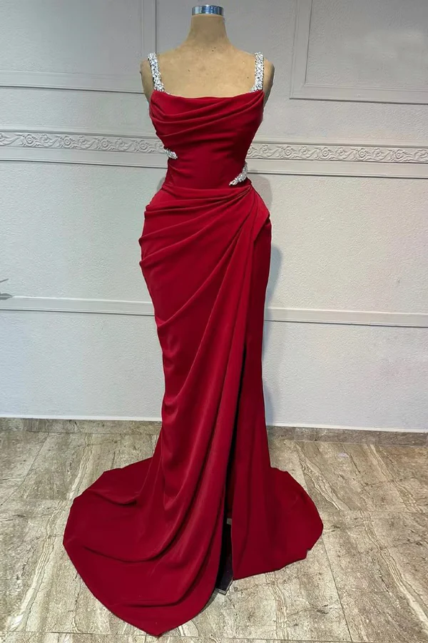 Vintage Burgundy Spaghetti Straps Beaded Mermaid Formal Evening Dress Prom Dress Y7688