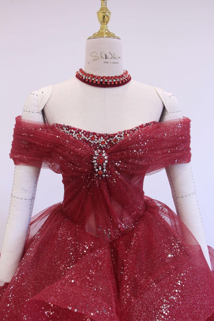 Fairy Off-Shoulder A-Line Red Evening Dress, Sparkling Dress Ball Gown Wedding Dress Y7676