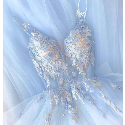 Light Sky Blue Prom Dresses, Handmade Flowers Prom Dresses, Light Sky Blue Evening Dresses Y4002