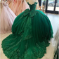 Off Shoulder Lace Tulle Quinceanera Dresses Dark Green Applique Ball Gown Y4080
