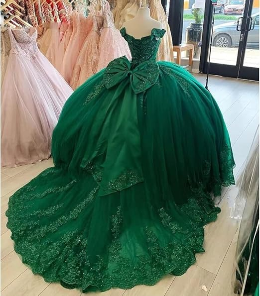 Off Shoulder Lace Tulle Quinceanera Dresses Dark Green Applique Ball Gown Y4080