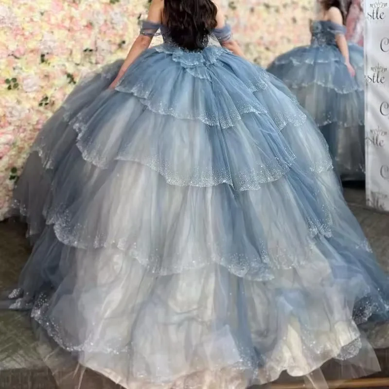 Luxury Blue Quinceanera Dresses Formal Beading Crystal Lace Tiered Ruffles Sweet 16 Birthday Princess Dress Y8117