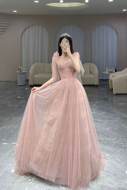 Pink A-Line Tulle Long Prom Dress, Cute Pink Graduation Dress Y7009