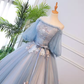 Unique blue tulle lace long prom dress, blue evening dress  S13770