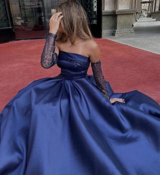 Chic Navy Blue Strapless A-line Prom Dress Y6153