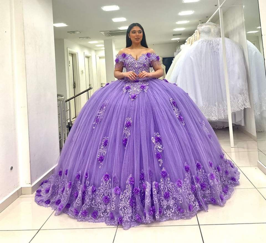 Light Purple Off The Shoulder Quinceanera Dresses,Luxurious Ball Gown,Sweet 15 Dress Y4800