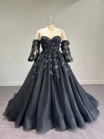Stunning, Alternative Black Gown, Off The Shoulder Ball Gown Gothic Unconventional Wedding Dress,Y2477