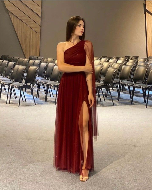 Pretty Burgundy One Shoulder Tulle Sequins Evening Gown Slit Prom Dress Y7826