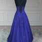 Royal Blue Floral Appliques V-Neck A-Line Prom Dress Y4234