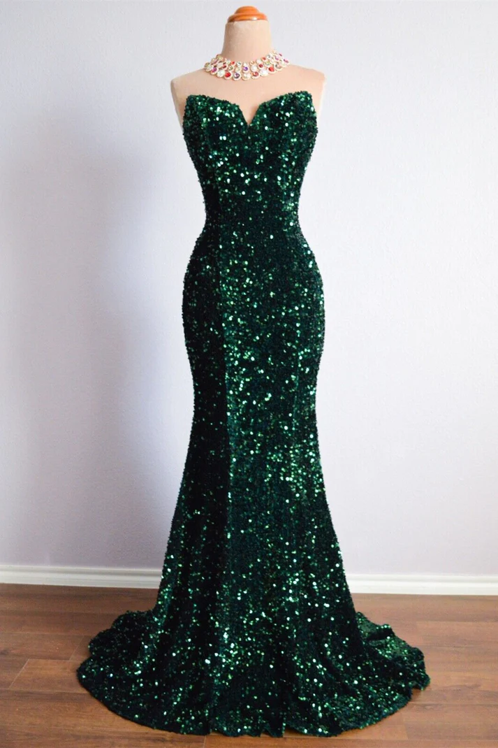 Peacock Green Mermaid Strapless Sparkly Lace-Up Long Formal Prom Dress Y4170