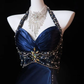 Luxury Navy Blue Beaded Slit Evening Dress Formal Prom Dress Y7723