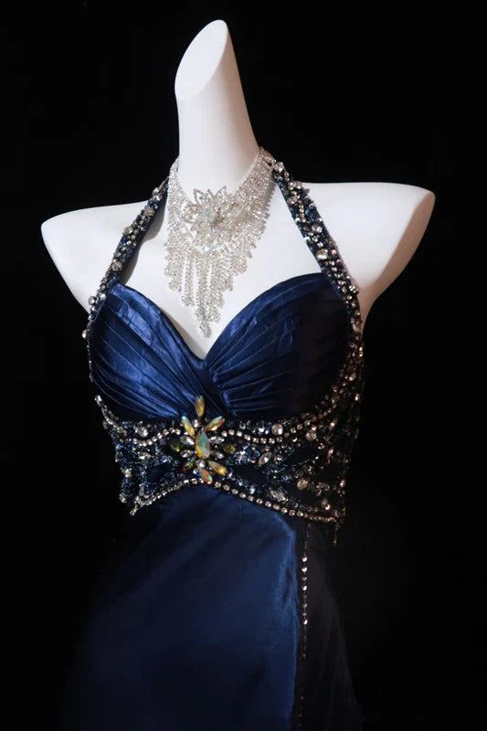 Luxury Navy Blue Beaded Slit Evening Dress Formal Prom Dress Y7723