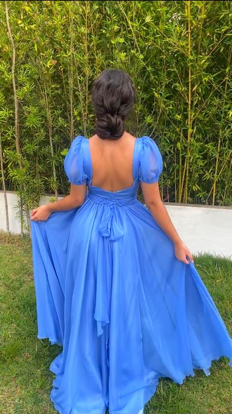 Retro A-line Blue Prom Dress with Puffy Sleeves,Backless Prom Gown Y4300