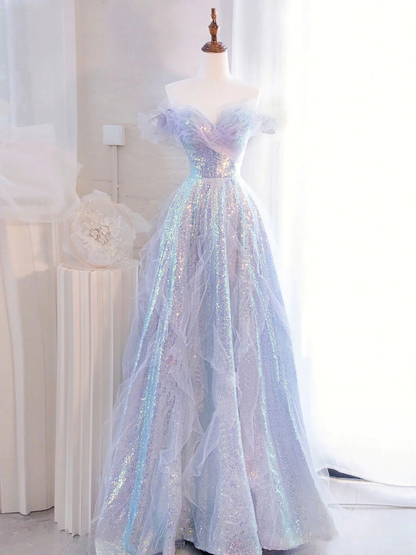 Purple Off Shoulder Sequin Tulle Long Prom Dress, Purple Formal Evening Dresses Y4659