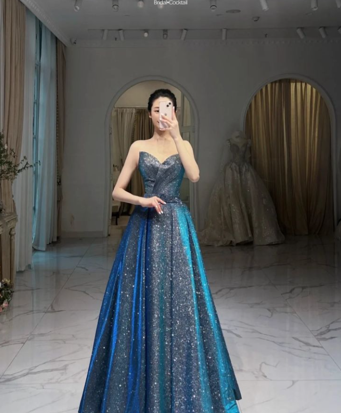 Glitter Blue A-line Evening Dress,Blue Princess Dress Y4982