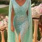 Glitter Sequin Evening Dress Mermaid Party Dress with Cape Sexy High Slit A-Line Elegant Luxury Dresses Y4882