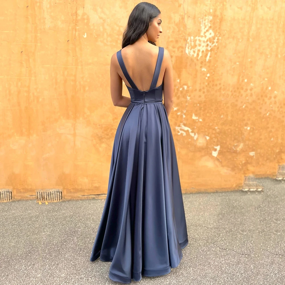 Sexy Backless Spaghetti Strap A Line Solid Color Floor Length Evening Dress Y4930