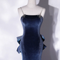 Mermaid Velvet Blue Long Prom Dresses, Blue Velvet Long Evening Dress Y4387