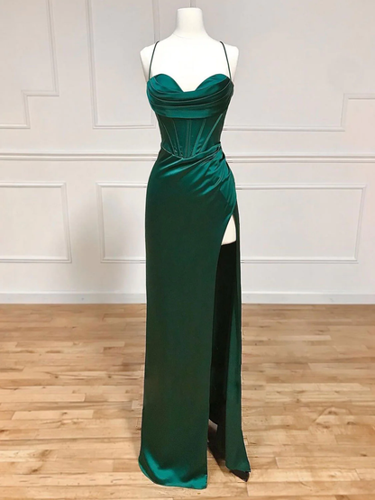 Green Sweetheart Neck Satin Long Prom Dress, Green Evening Dresses Y4395