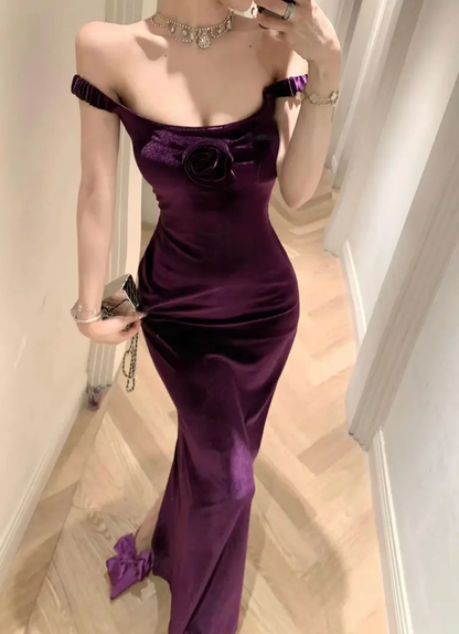 Elegant Velvet Long Sheath Prom Dress Purple Off Shoulder Slit Party Evening Gown Y8131