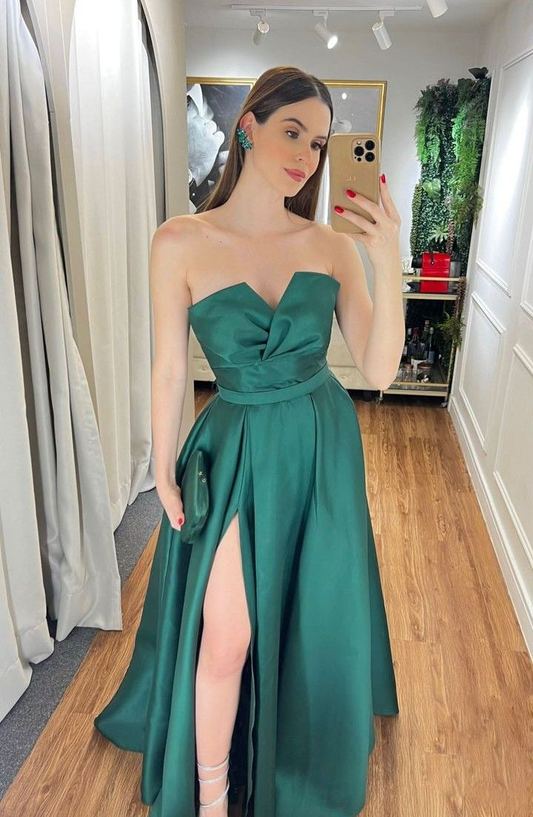 Elegant Green V Neck Satin Long Prom Dresses Formal Evening Dresses Y5360