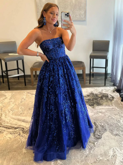 Blue A line tulle sequin long prom dress, blue tulle evening dress Y3065