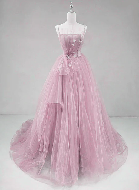 Pink Straps Tulle Chic Long Party Dress Formal Dress, Pink A-line Prom Dress Y4491