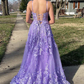 Pretty Lavender Spaghetti Straps A-Line 3D Lace Floral Long Prom Dress A Line Evening Dress Y7935