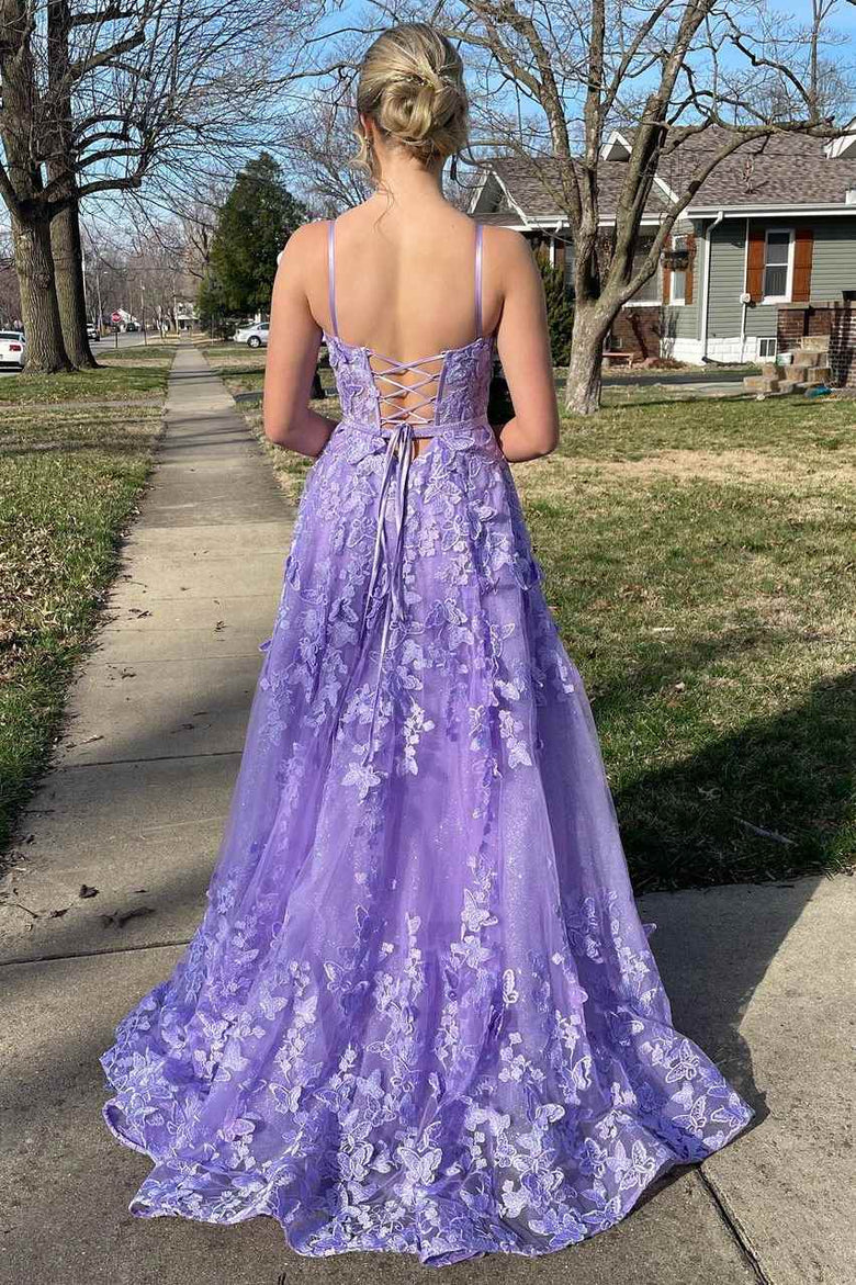 Pretty Lavender Spaghetti Straps A-Line 3D Lace Floral Long Prom Dress A Line Evening Dress Y7935