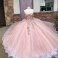 Pink Glitter 3D Flowers Beaded Ball Dress Beautiful Pink Princess Dresses  Y1132