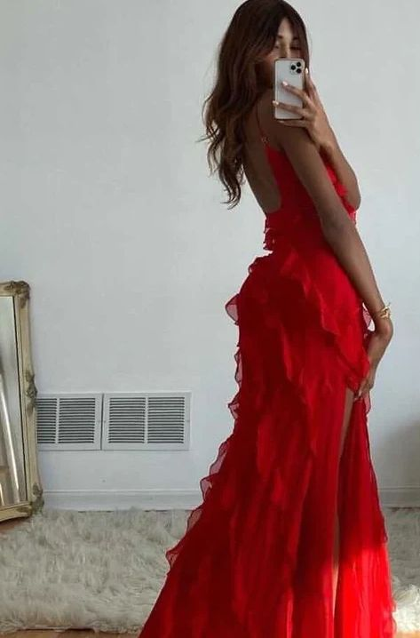 Red Ruffle Long Formal Dress Elegant Evening Dresses Y6823