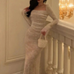 Vintage Mermaid Lace Prom Dress Elegant Apricot Square Collar Evening Party Gown Y7572