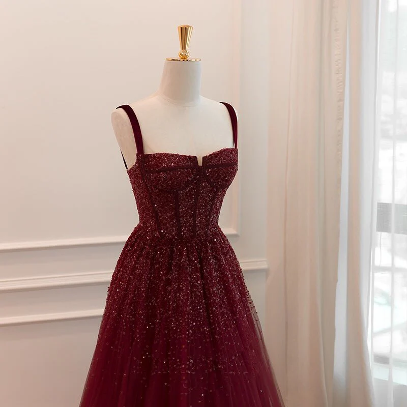 Gothic Burgundy Spaghetti Straps Sequins Beaded Formal Prom Dress Tulle Party Evening Dress Y7586