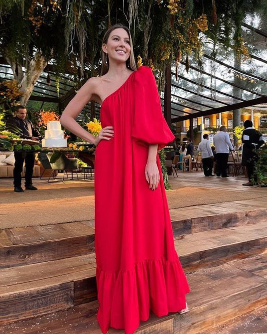 Red One Shoulder Maxi Dress,Red Long Prom Dress Y4736