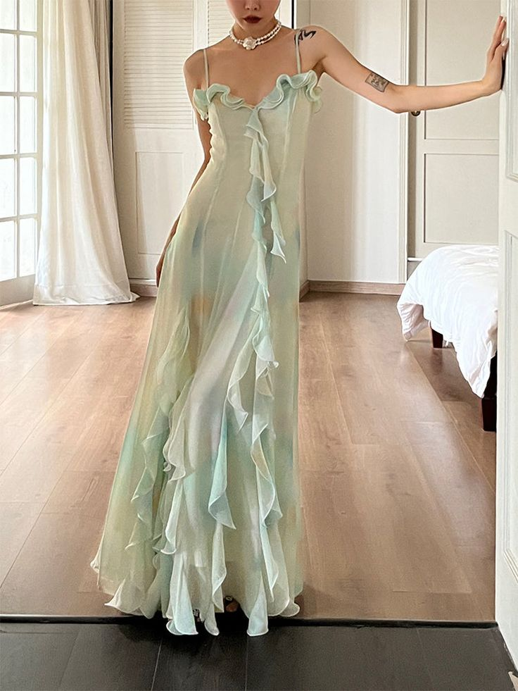 Beautiful Green Chiffon Layered Ruffle Prom Dress Straps Evening Gown Y7897