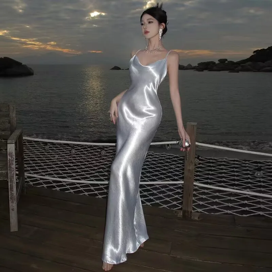 Simple White Satin Backless Long Prom Evening Dress Y7841