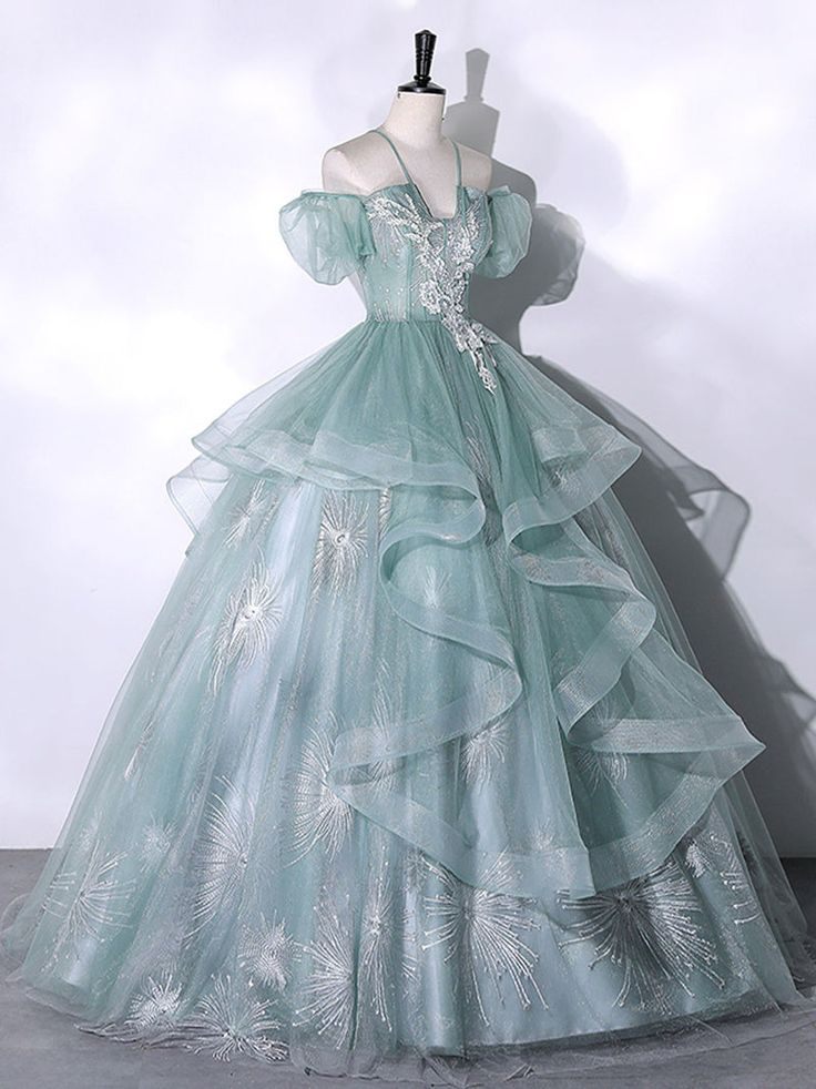 Green Tulle Lace Long Prom Dresses, Green Lace Long Sweet 16 Dress Y5383