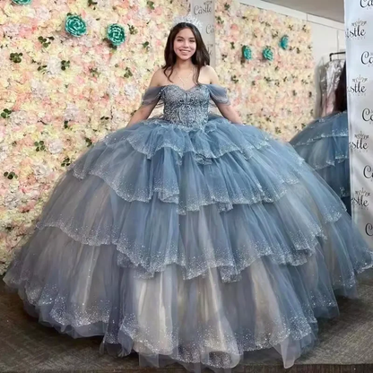 Luxury Blue Quinceanera Dresses Formal Beading Crystal Lace Tiered Ruffles Sweet 16 Birthday Princess Dress Y8117