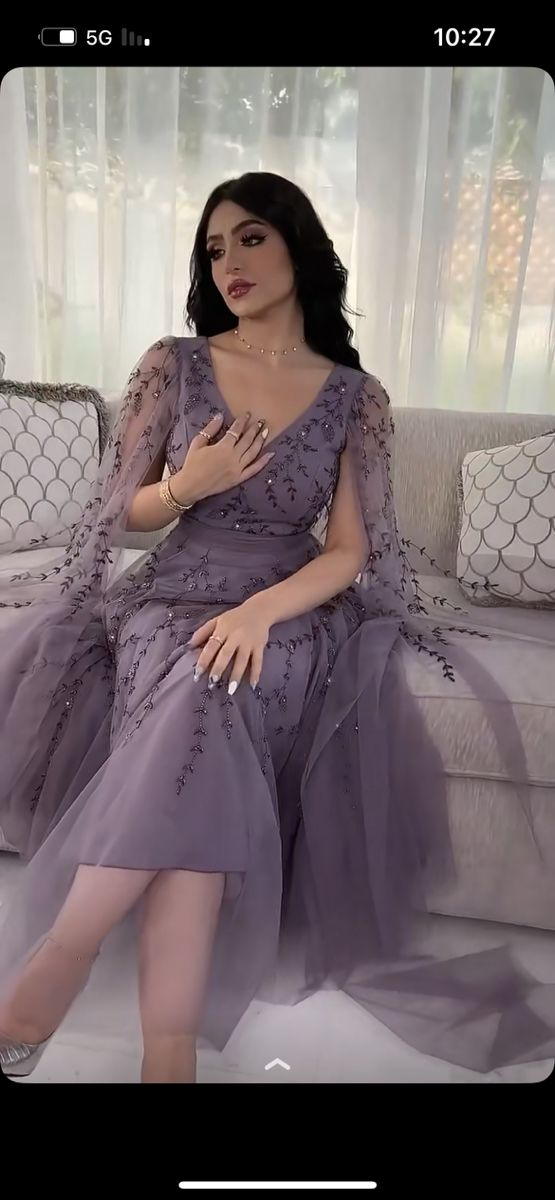 Dream Evening Dress Elegant Purple Tulle Evening Dresses V-Neck Long Sleeve Dresses Y5028