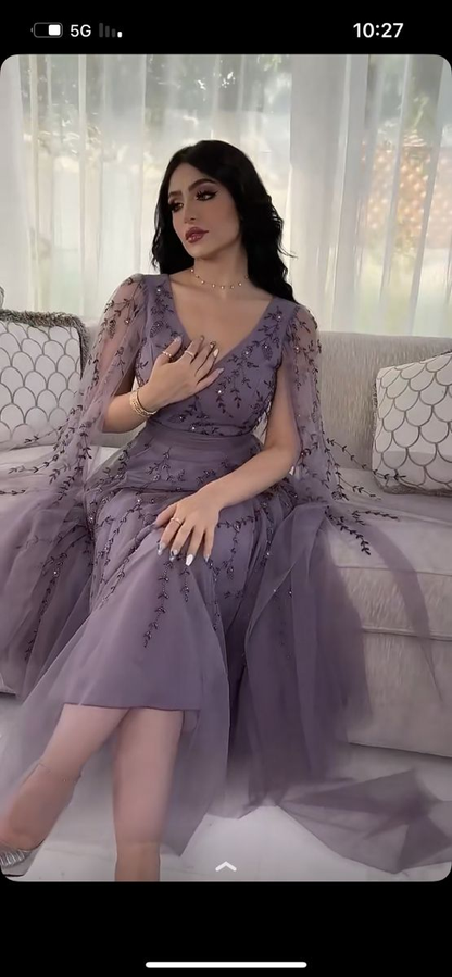 Dream Evening Dress Elegant Purple Tulle Evening Dresses V-Neck Long Sleeve Dresses Y5028