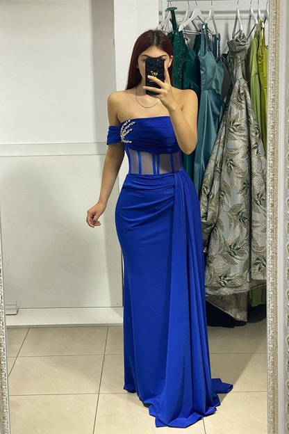 Charming Long Blue Strapless Column Prom Dress With Rhinestone Y4699