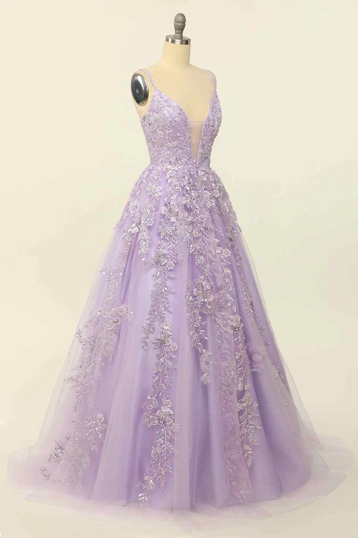 Lilac A-line V Neck Tulle Applique Lace-Up Back Long Prom Dress,Y2464