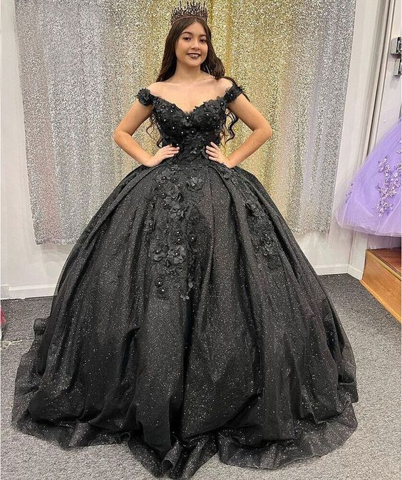 Princess Glitter Black Beaded Quinceanera Dresses Sweet 15 16 Party Ball Gowns Y5745