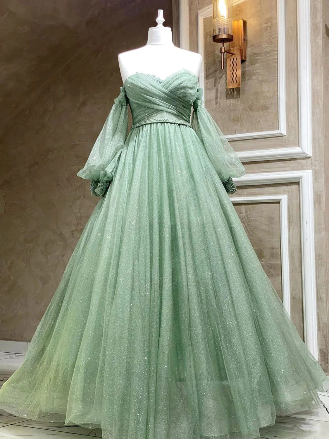A-Line Sweetheart Neck Tulle Green Long Prom Dress, Green Formal Evening Dress Y3033
